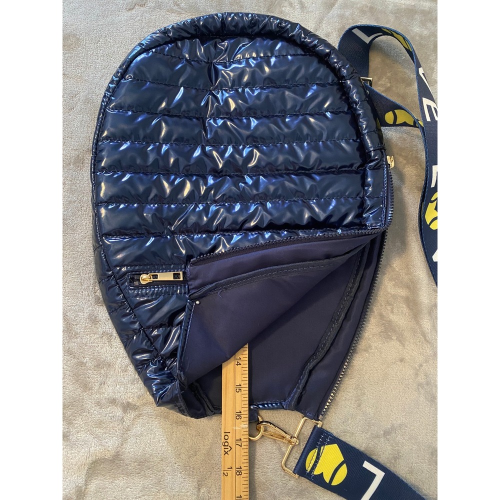 Ah-Dorned Tennis Racket Bag Navy Blue Quilted Puffer Sling LOVE Strap Pockets - Picture 7 of 10